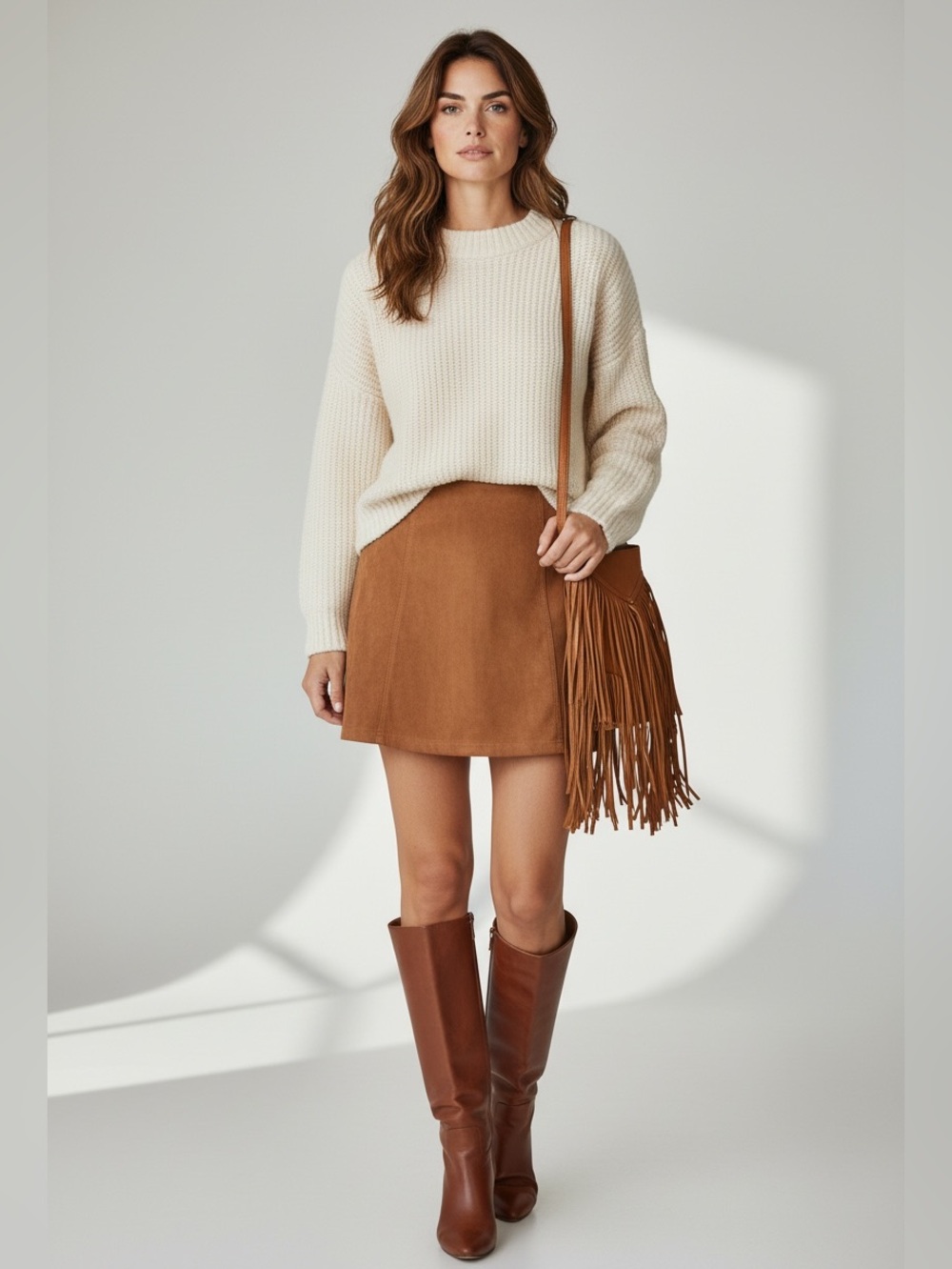 Francesca’s Faux Suede A-Line Mini Skirt Brown Tan Exposed Zipper L